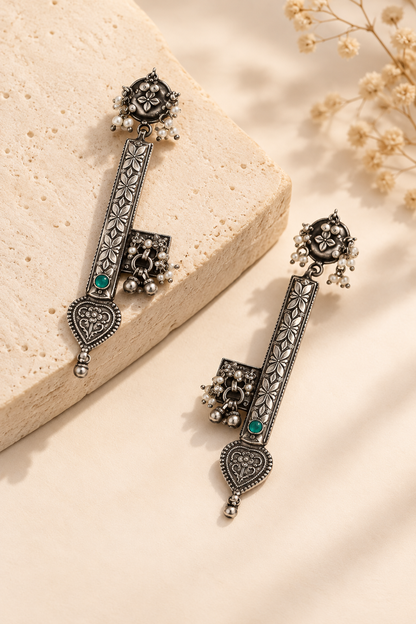 925 Silver Floral Key Pearl Drop Earrings
