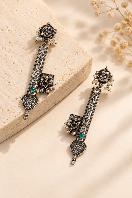 925 Silver Floral Key Pearl Drop Earrings