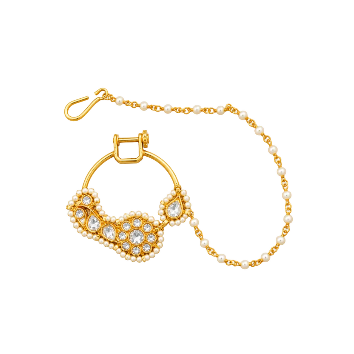 925 Silver Gold-Gilded Kundan & Pearl Bridal Nath with Chain