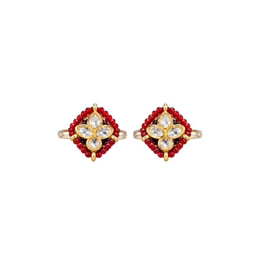 925 Silver Gold-Gilded Kundan Floral & Red Beaded Toe Rings (Pair)