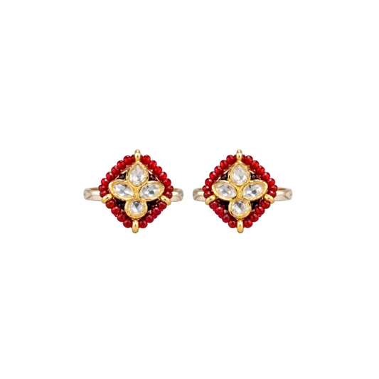 925 Silver Gold-Gilded Kundan Floral & Red Beaded Toe Rings (Pair)