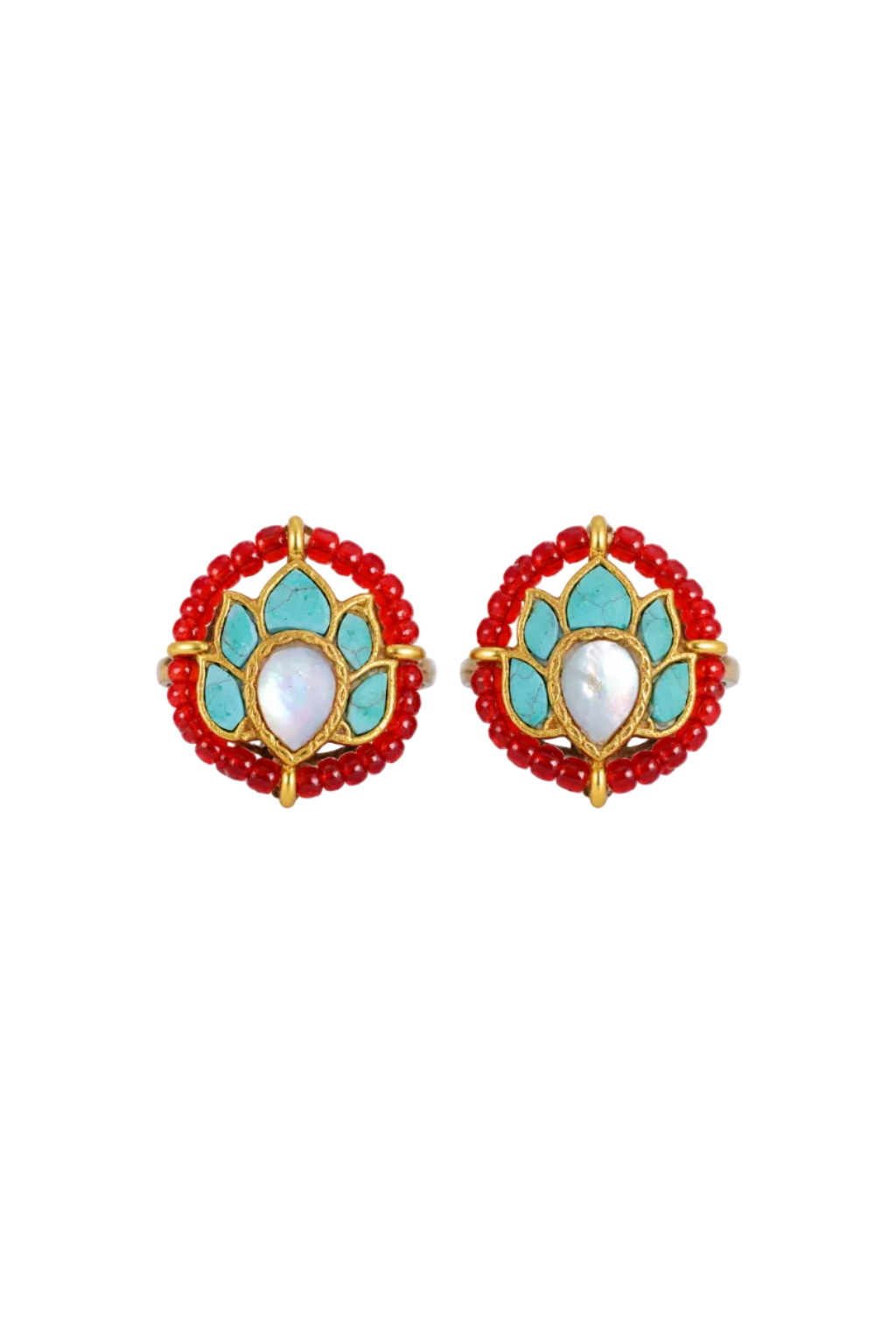 925 Silver Gold-Gilded Turquoise, Pearl & Red Beaded Lotus Toe Rings (Pair)