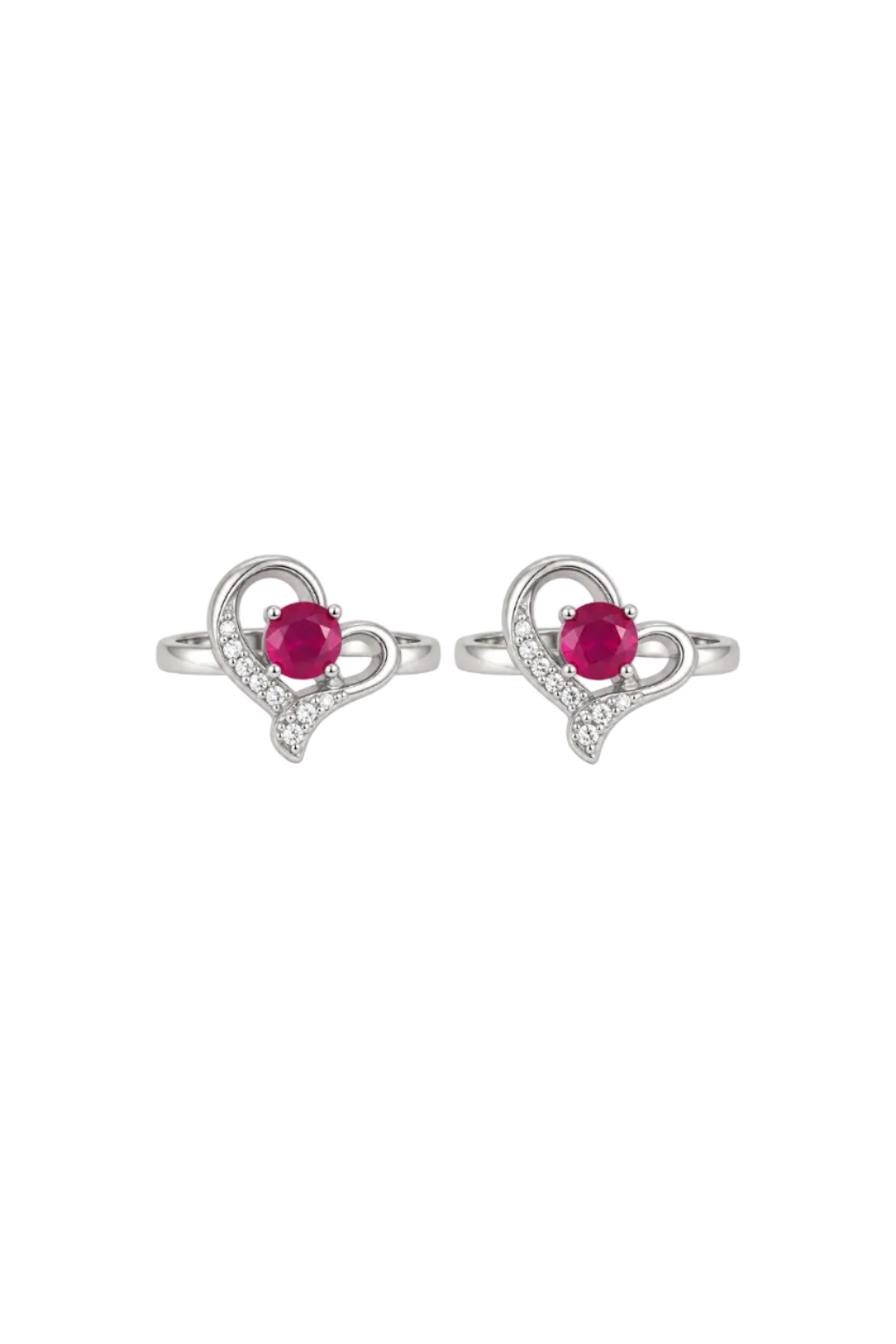 925 Silver Ruby-Red Solitaire Heart  CZ Toe Rings (Pair)