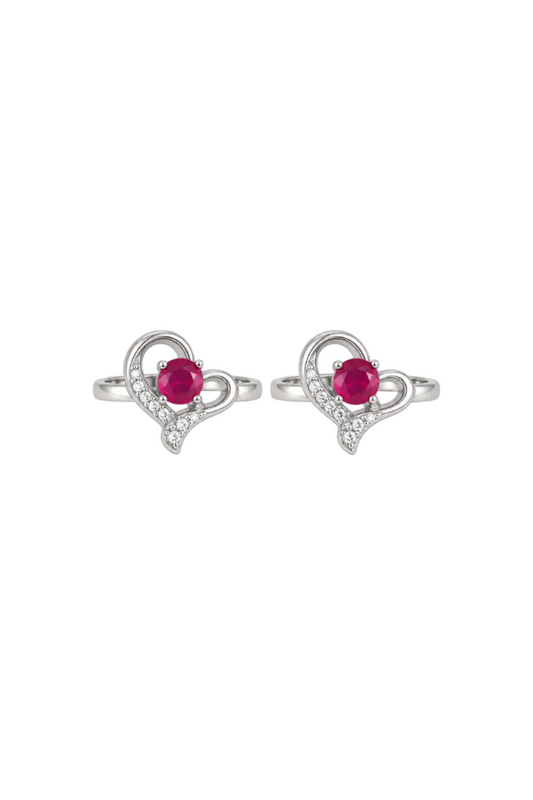 925 Silver Ruby-Red Solitaire Heart  CZ Toe Rings (Pair)
