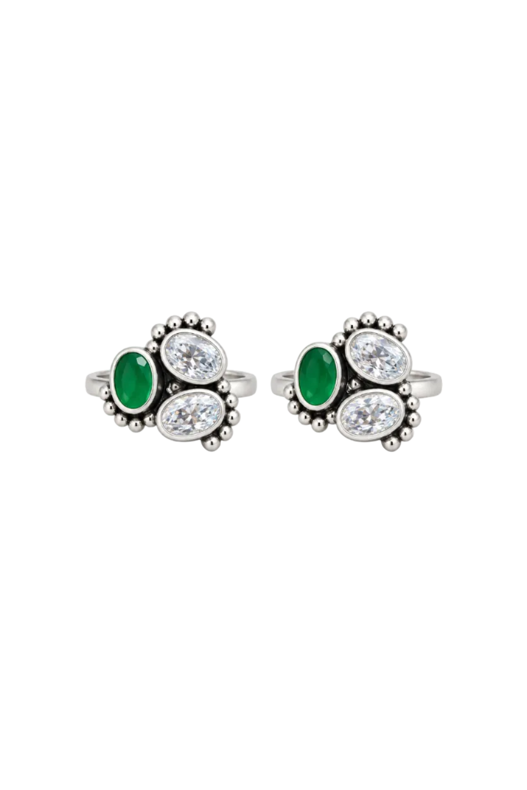 925 Silver Emerald-Green & Oval CZ Granulated Toe Rings (Pair)