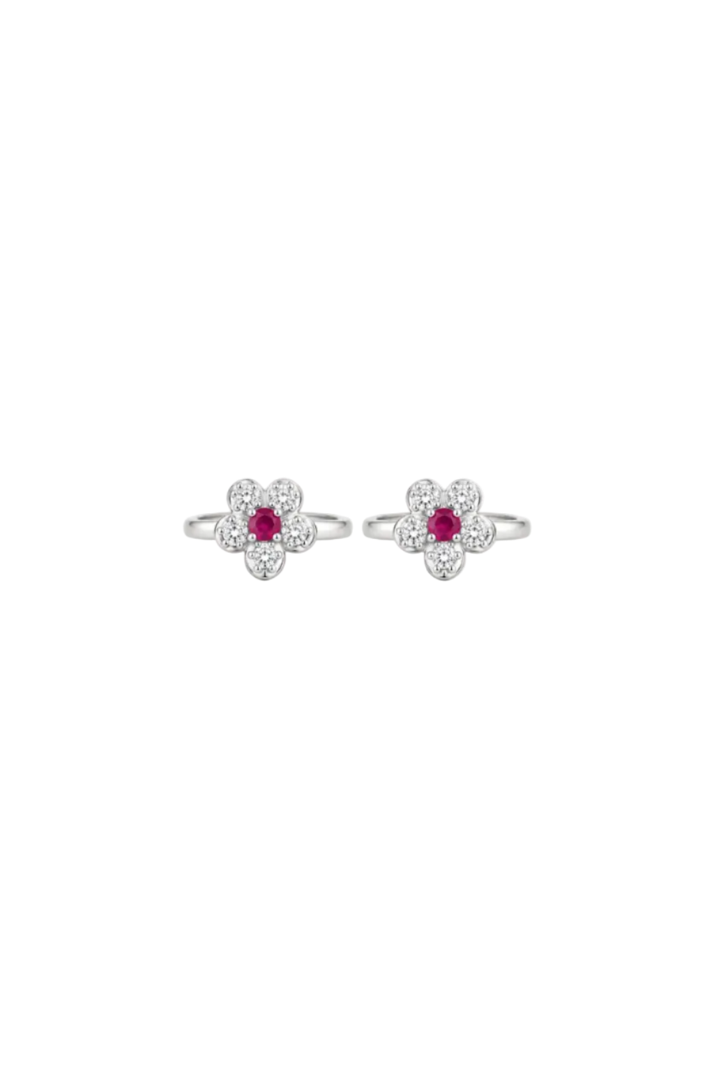 925 Silver Ruby-Red & CZ Floral Bloom Toe Rings (Pair)