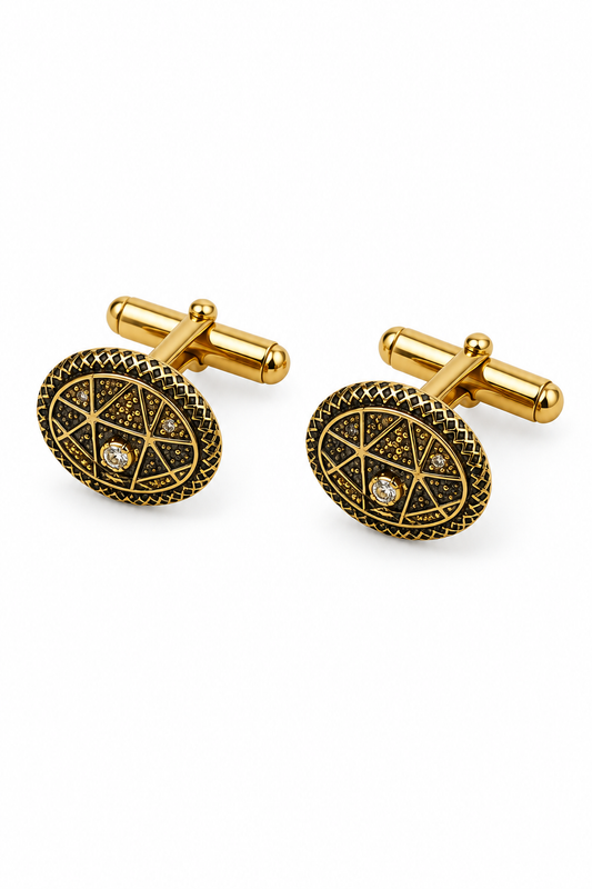 925 Silver Gold-Gilded Oval Geometric Granulated CZ Cufflinks