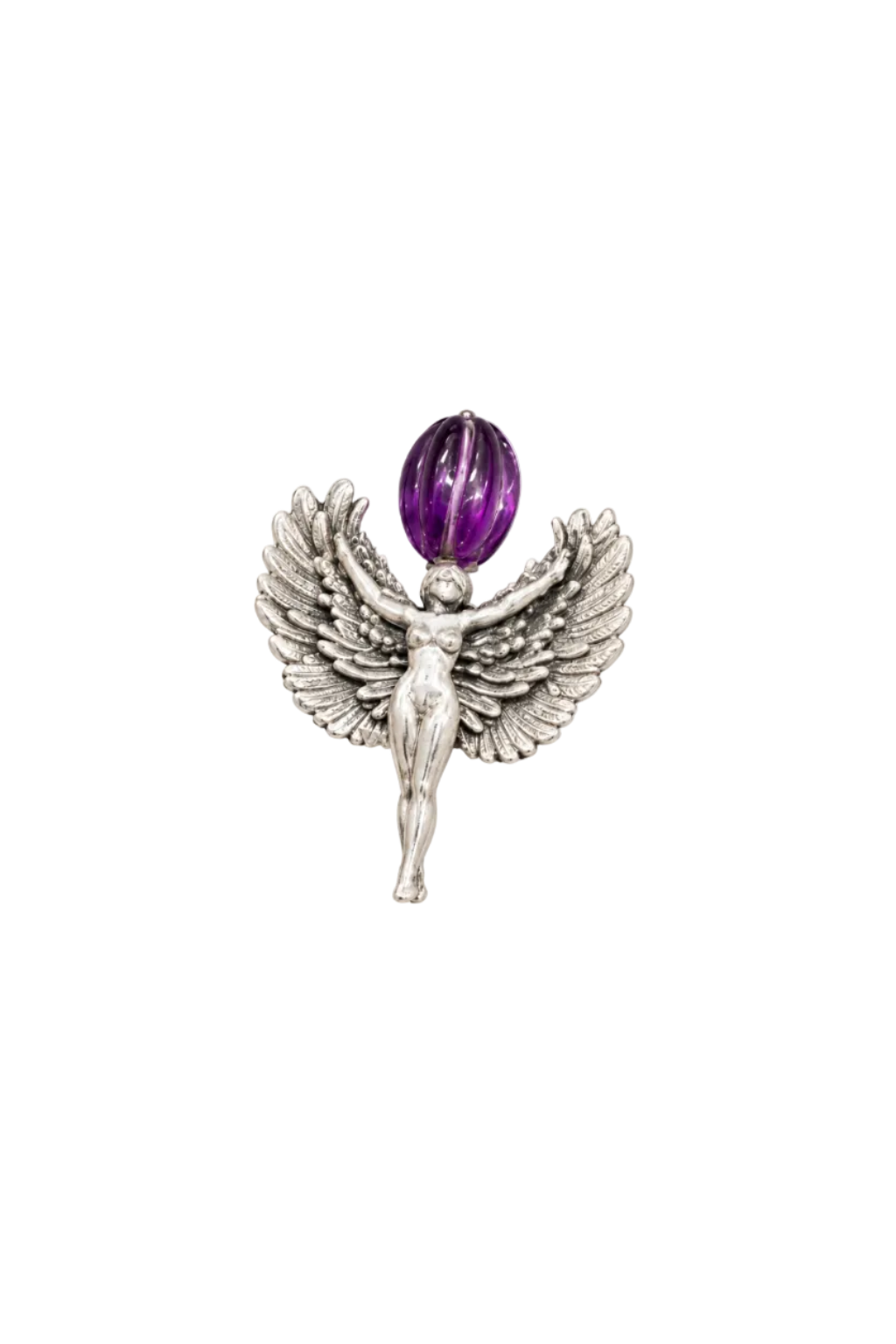 925 Silver Winged Goddess & Amethyst-Purple Melon Bead Brooch