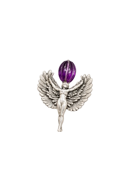 925 Silver Winged Goddess & Amethyst-Purple Melon Bead Brooch