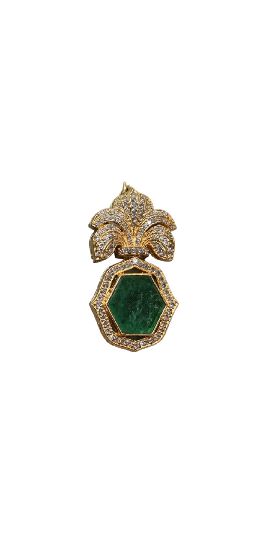 925 Silver Gold-Gilded Emerald Glass & CZ Kalgi Brooch