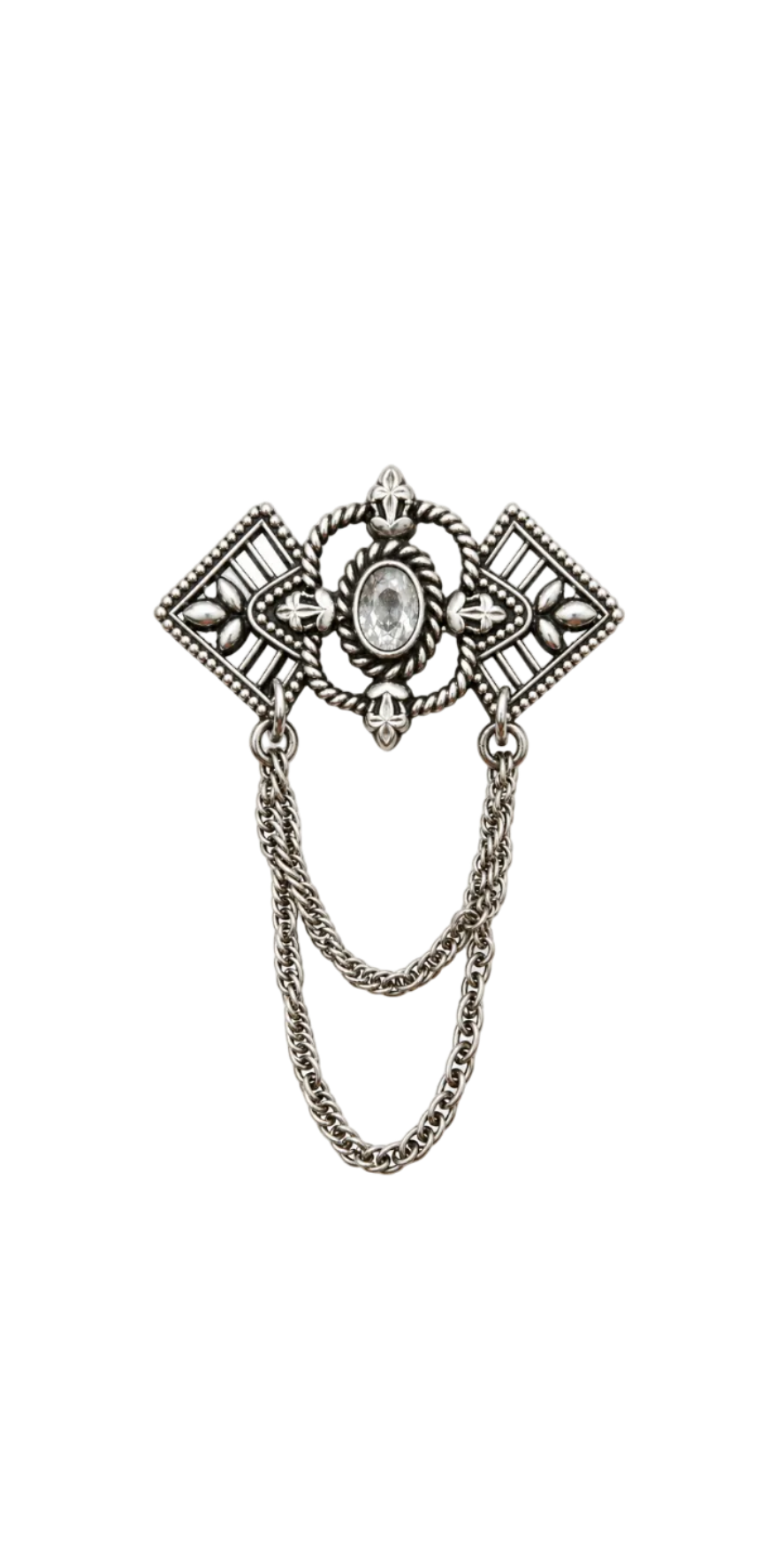 925 Silver Vintage Art Deco CZ Draped Chain Brooch