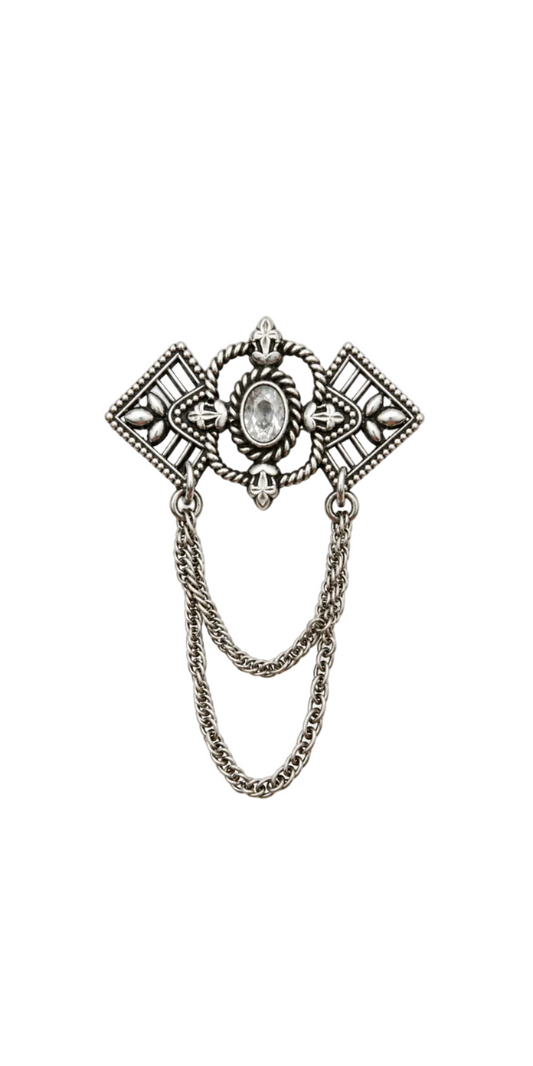 925 Silver Vintage Art Deco CZ Draped Chain Brooch