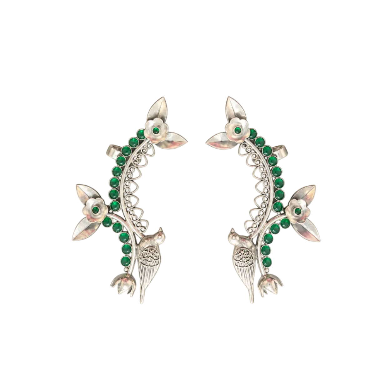 925 Silver Emerald-Green Cabochon Bird & Floral Ear Cuffs