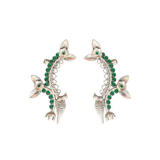 925 Silver Emerald-Green Cabochon Bird & Floral Ear Cuffs