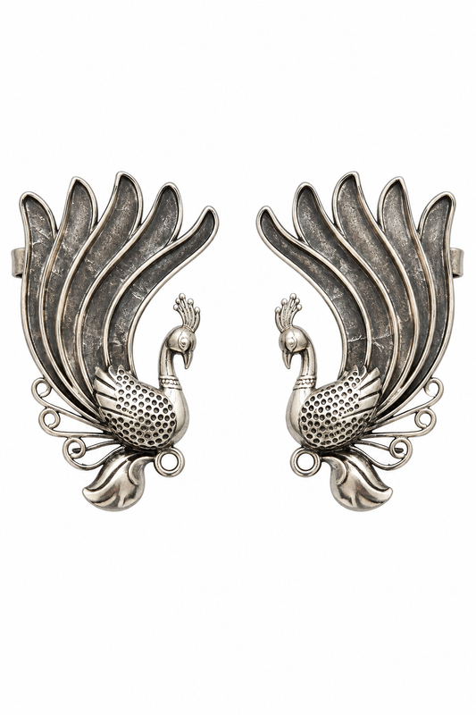 925 Silver Antiqued Sculpted Peacock Statement Ear Cuffs