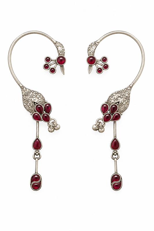 925 Silver Ruby-Red Cabochon Drop-Ear Cuffs with Ghungroo Accents