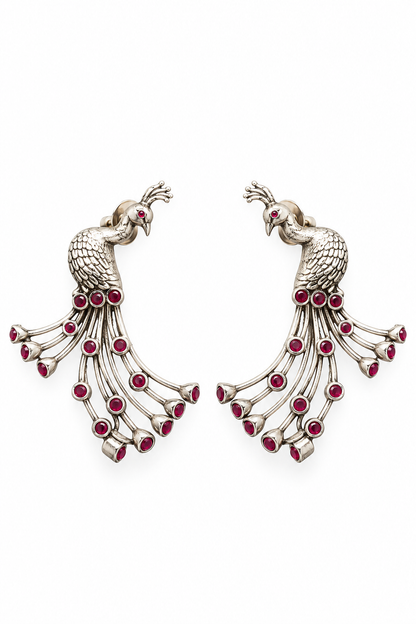 925 Silver Ruby-Red Peacock Motif Statement Ear Cuffs