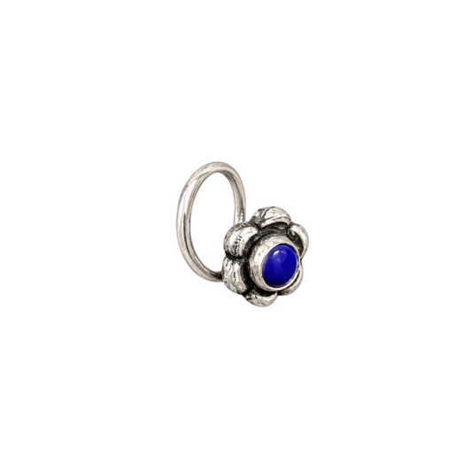 925 Silver Lapis-Blue Cabochon Floral Rosette Clip-On Nose Pin (Nath)