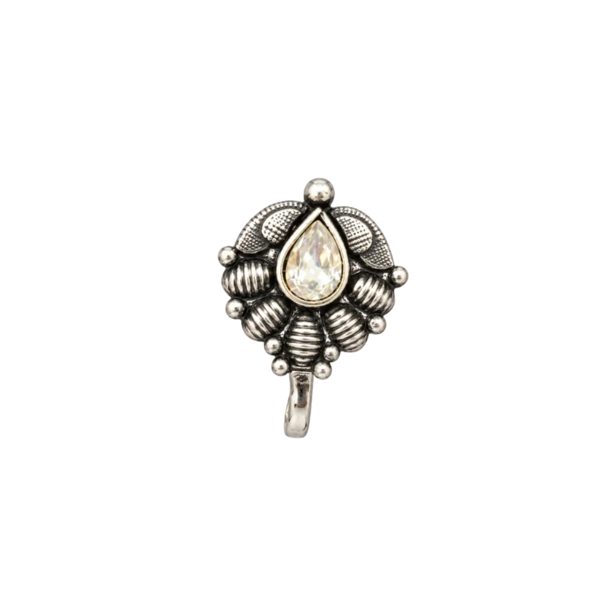 925 Silver CZ Teardrop Granulated Clip-On Nose Pin (Nath)