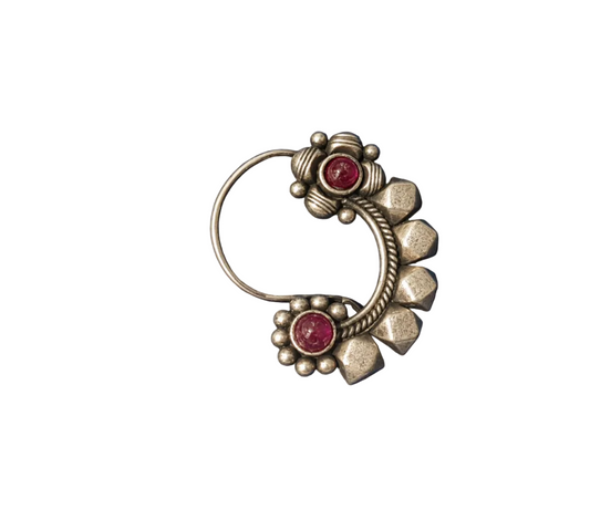 925 Silver Ruby-Red Cabochon Geometric Clip-On Nose Pin (Nath)