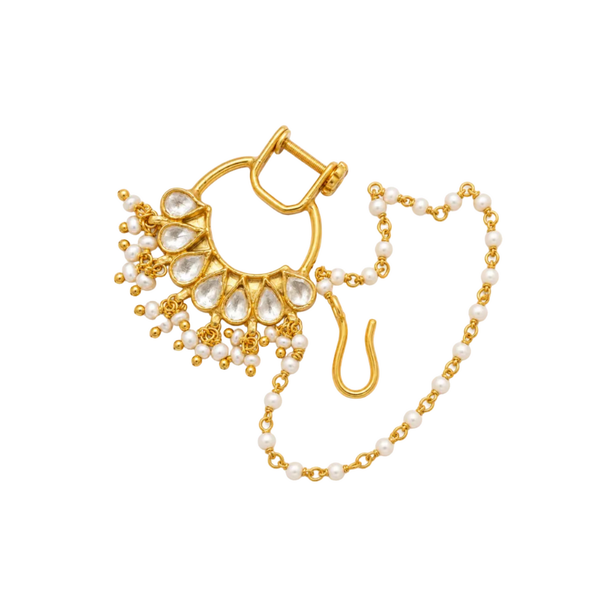 925 Silver Gold-Gilded Kundan & Pearl Bridal Nath with Chain
