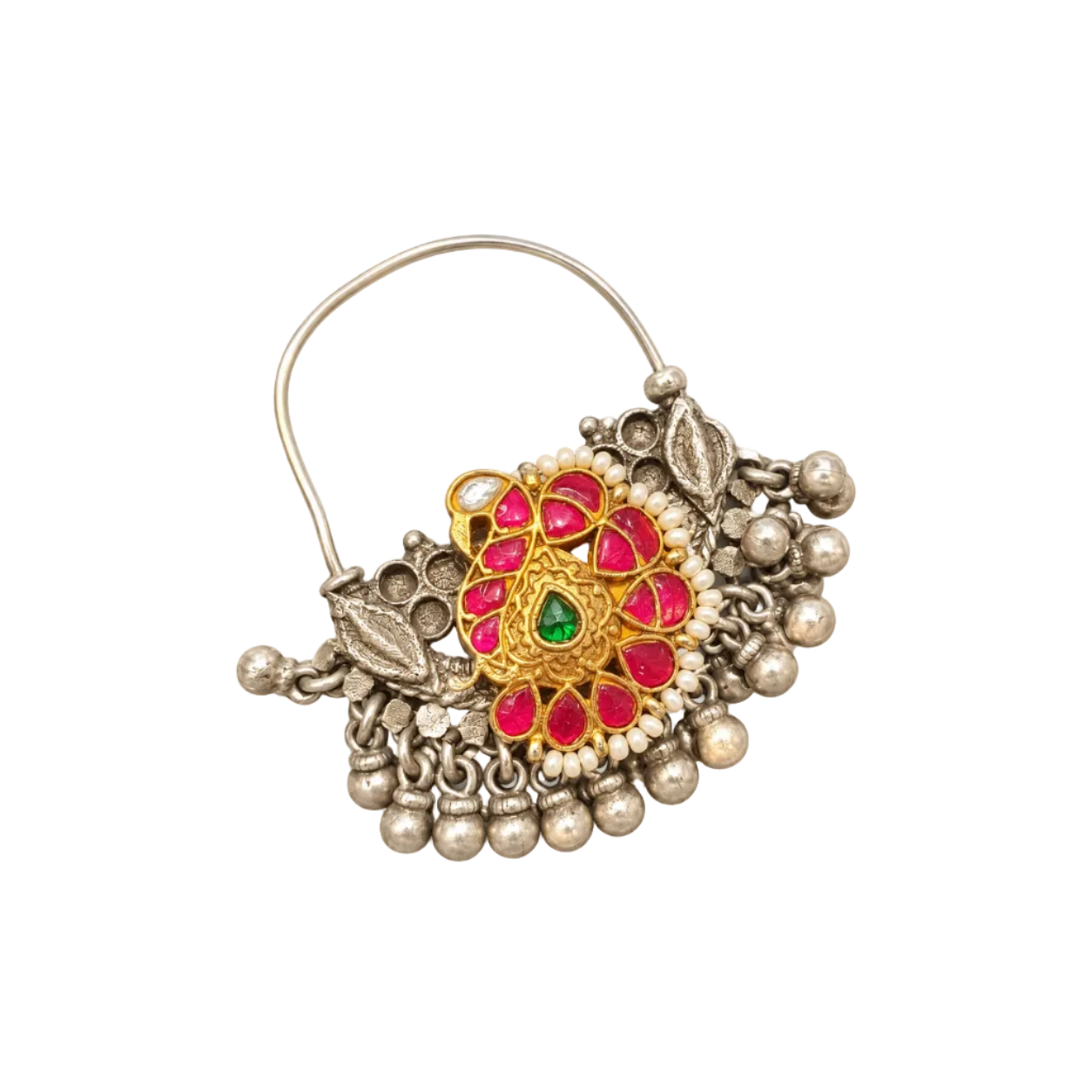 925 Silver Dual-Tone Kundan Peacock & Ghungroo Clip-On Nose Pin (Nath)