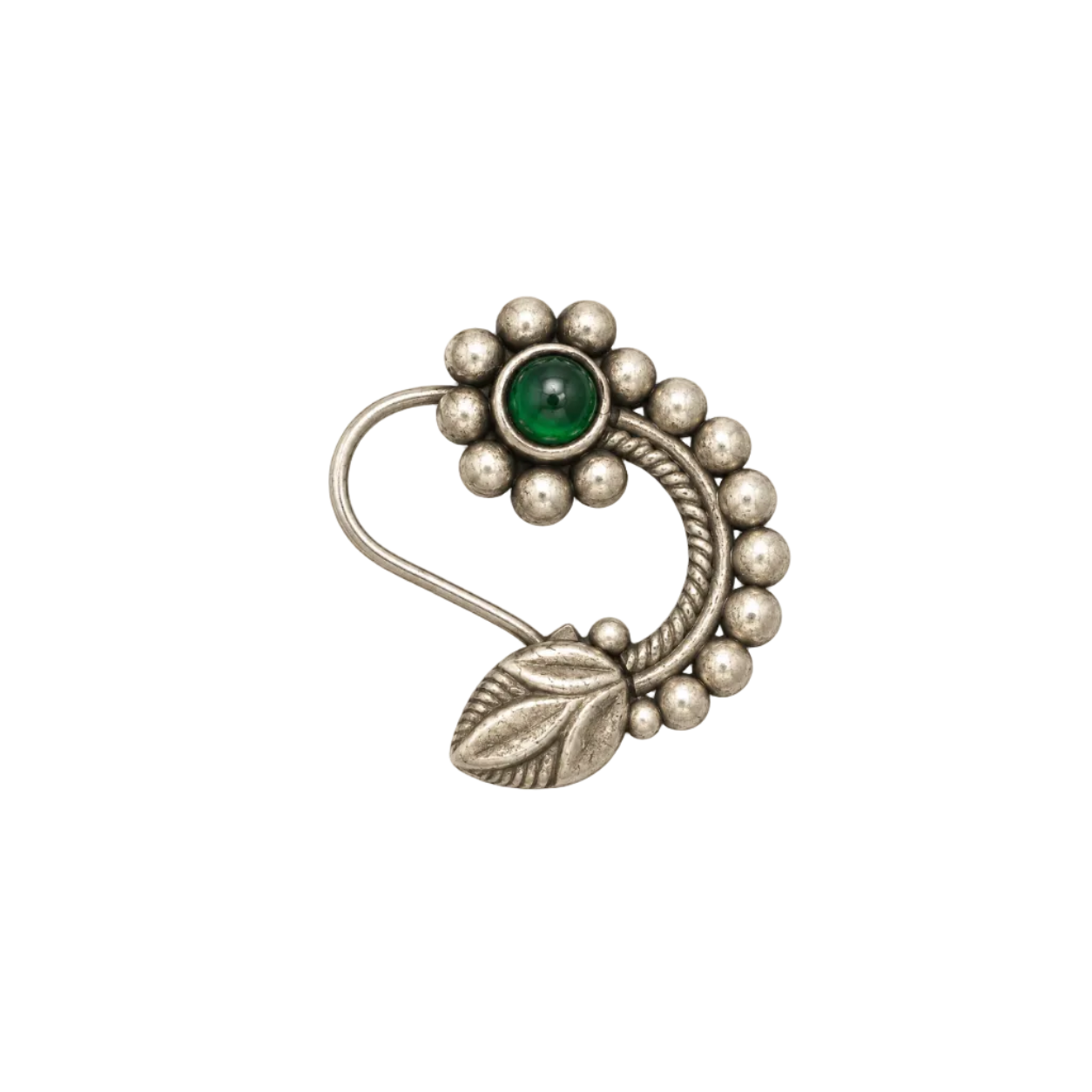 925 Silver Emerald-Green Cabochon Floral & Leaf Clip-On Nose Pin (Nath)