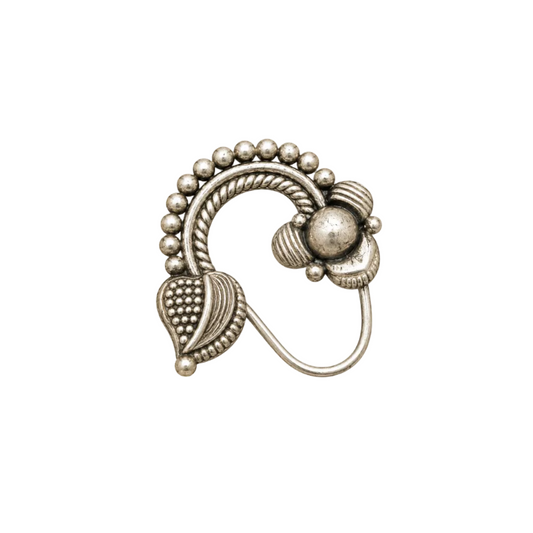 925 Silver Oxidized Granulated Floral & Mango Motif Clip-On Nose Pin (Nath)