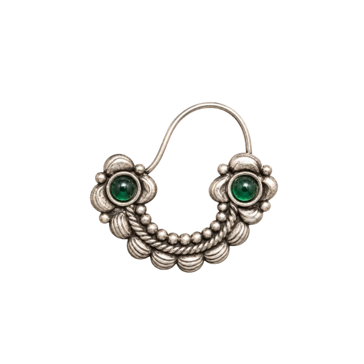 925 Silver Emerald-Green Cabochon Twin Rosette Clip-On Nose Pin (Nath)