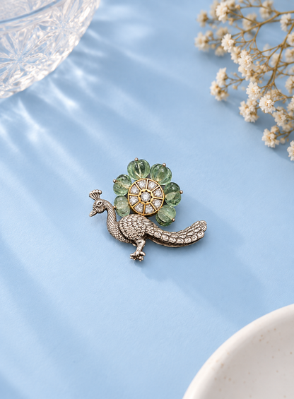 925 Silver & Dual-Tone Emerald-Green Melon Bead Peacock Brooch