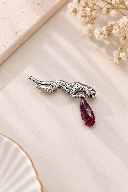 925 Silver Prowling Leopard & Ruby-Red Teardrop Brooch