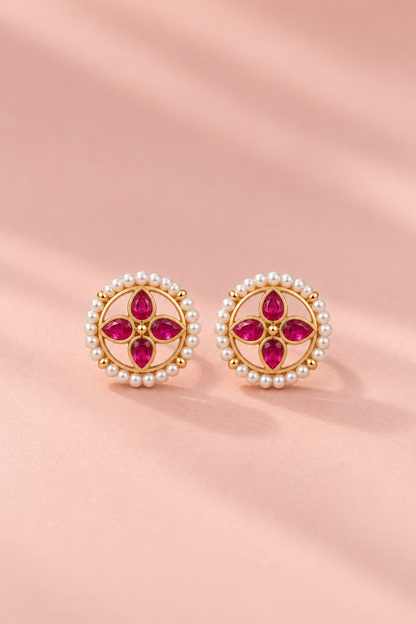 925 Silver  Ruby-Red Floral Pearl Toe Rings (Pair)