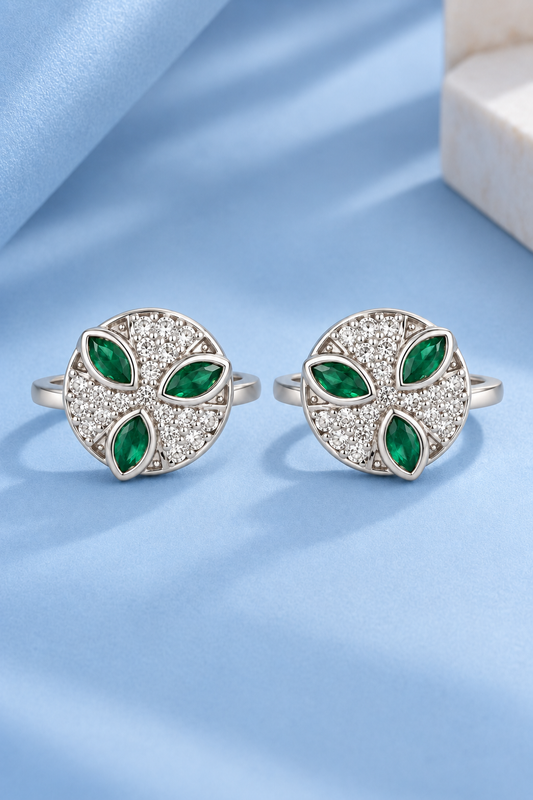 925 Silver Emerald-Green & CZ Floral Circular Toe Rings (Pair)