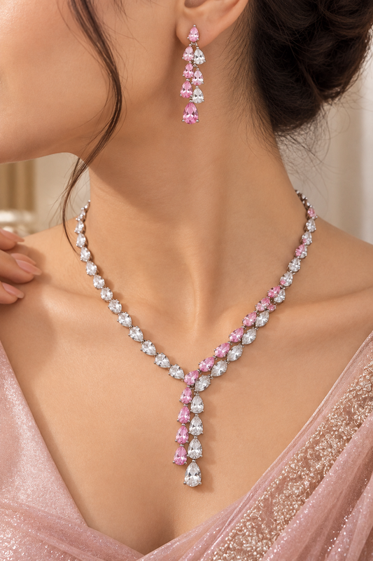 925 Silver Pink & White CZ Pear-Cut Y-Necklace Set