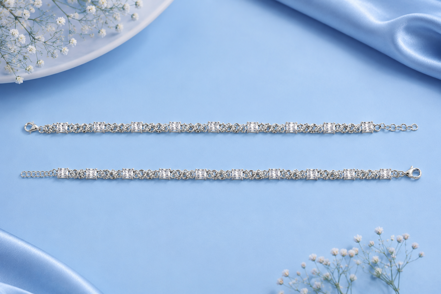 925 Silver Princess-Cut CZ Infinity Anklets (Pair)