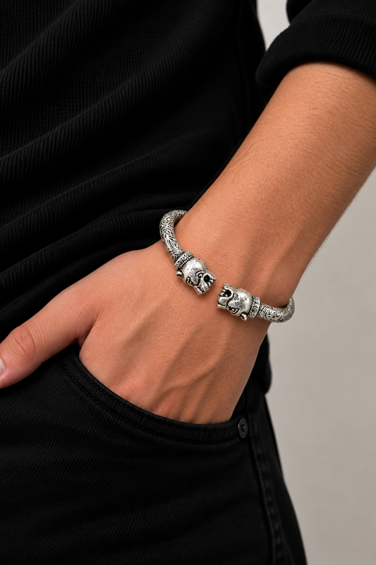925 Silver Men's Engraved Lion Head Kada Cuff Bracelet