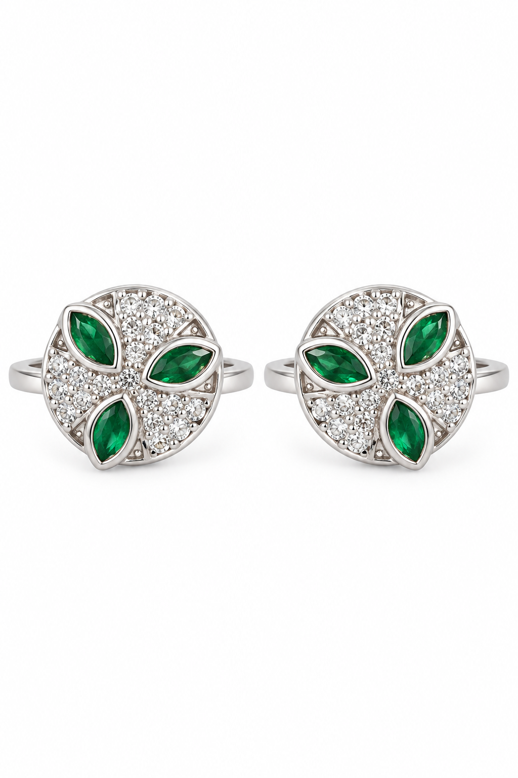 925 Silver Emerald-Green & CZ Floral Circular Toe Rings (Pair)