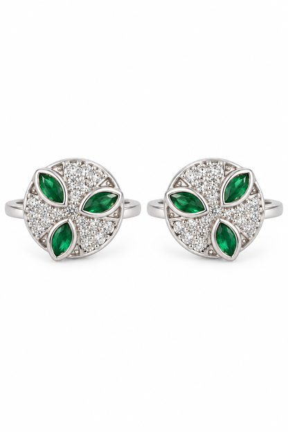 925 Silver Emerald-Green & CZ Floral Circular Toe Rings (Pair)