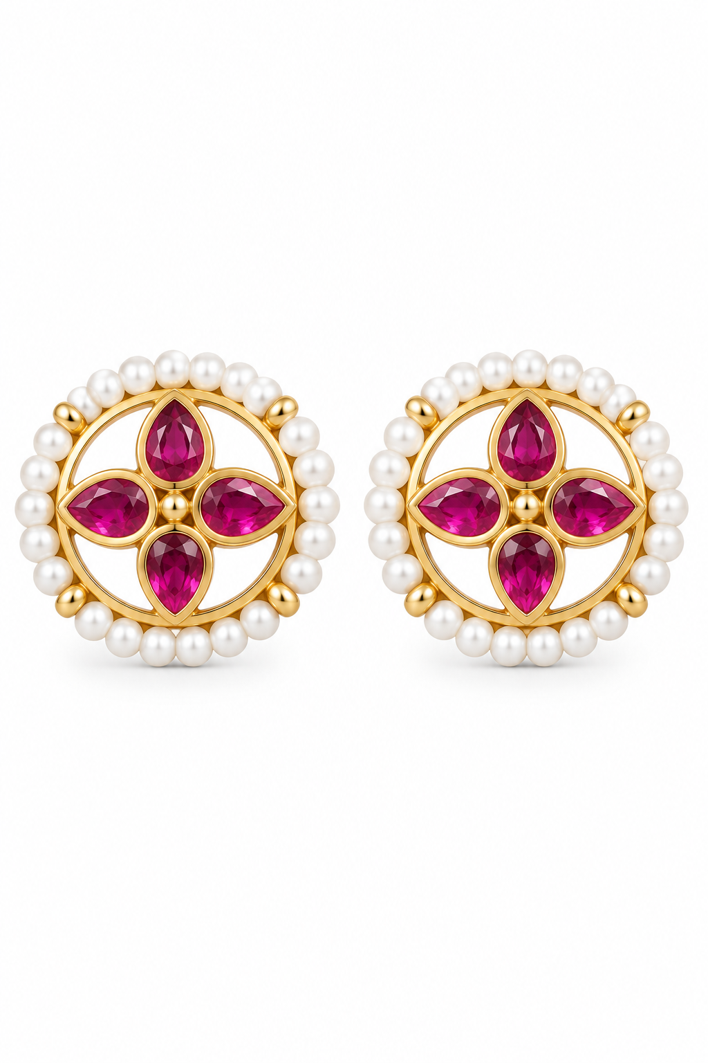 925 Silver  Ruby-Red Floral Pearl Toe Rings (Pair)