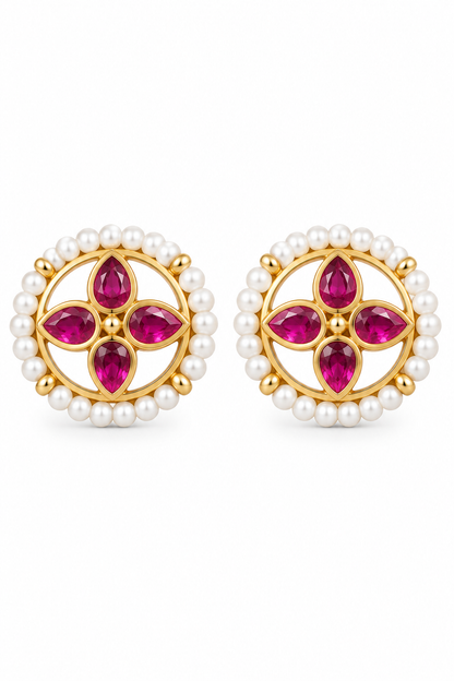 925 Silver  Ruby-Red Floral Pearl Toe Rings (Pair)
