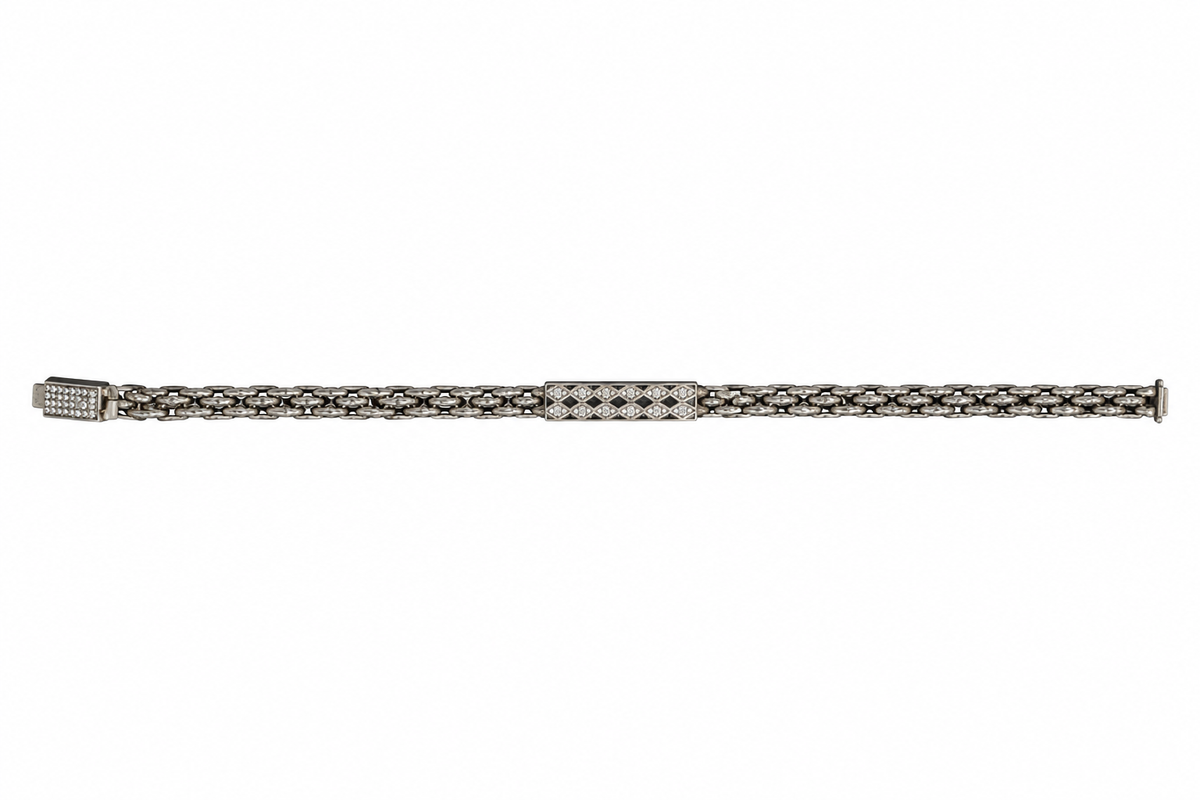925 Silver Men's CZ Diamond-Pattern ID Bar Woven Chain Bracelet