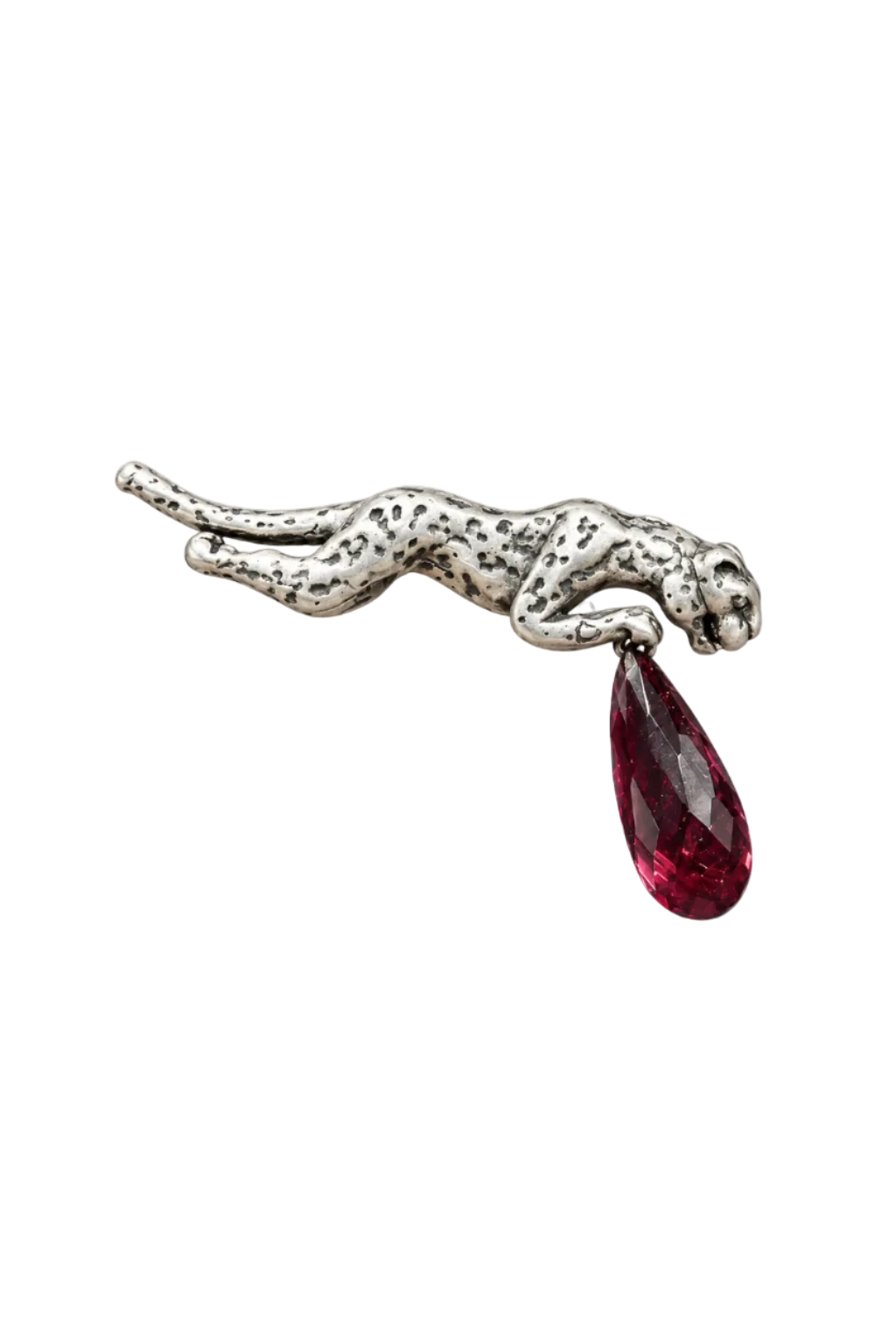 925 Silver Prowling Leopard & Ruby-Red Teardrop Brooch