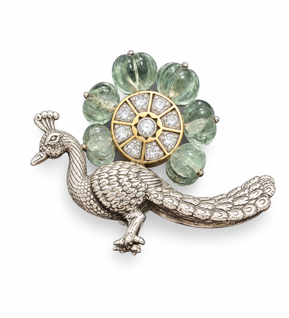 925 Silver & Dual-Tone Emerald-Green Melon Bead Peacock Brooch