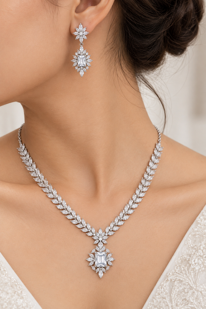 925 Silver Cubic Zirconia Emerald-Cut Necklace with Earring