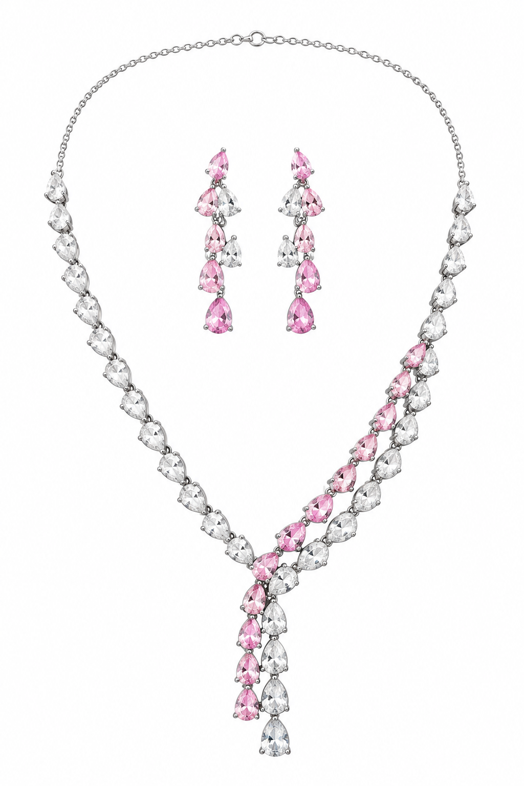 925 Silver Pink & White CZ Pear-Cut Y-Necklace Set