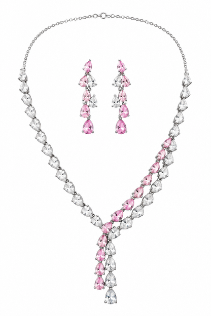 925 Silver Pink & White CZ Pear-Cut Y-Necklace Set