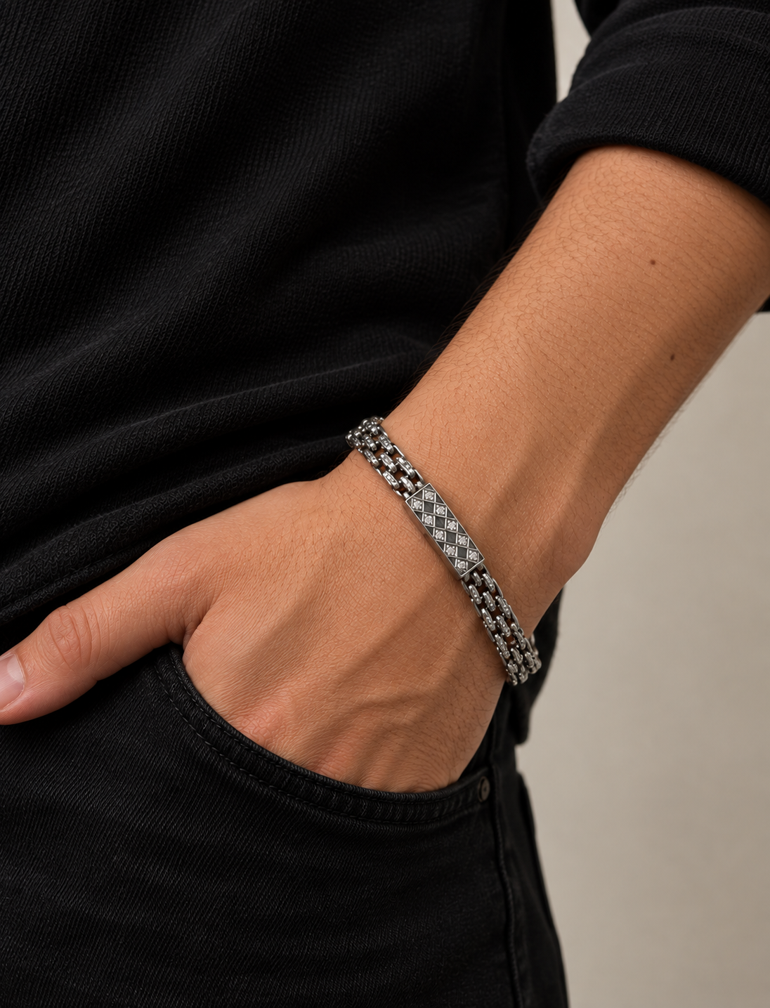 925 Silver Men's CZ Diamond-Pattern ID Bar Woven Chain Bracelet