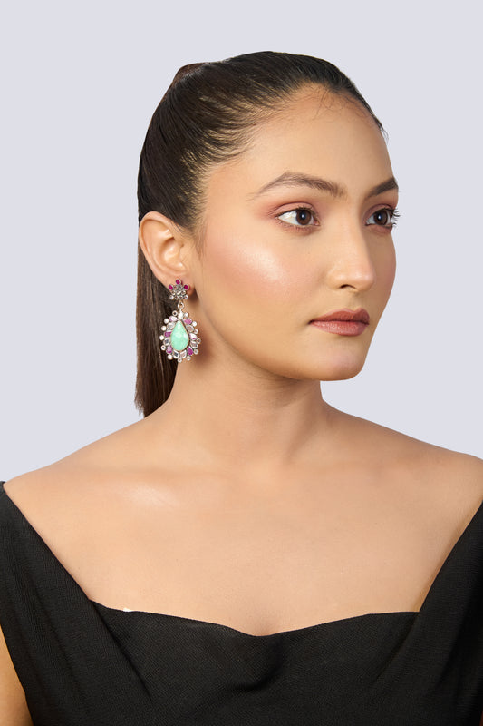 Noor Silver Plated Checker Studded Teardrop Earrings
