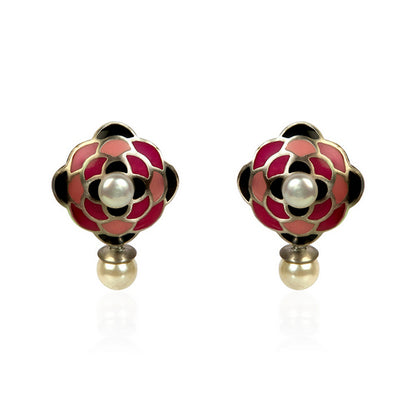 Pink and Black Enamel Floral Pearl Drop Earrings