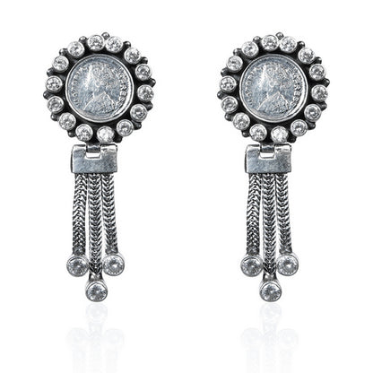 Oxidized Silver Coin Design Dangle Earrings with Sparkling Stones and Chain Drops